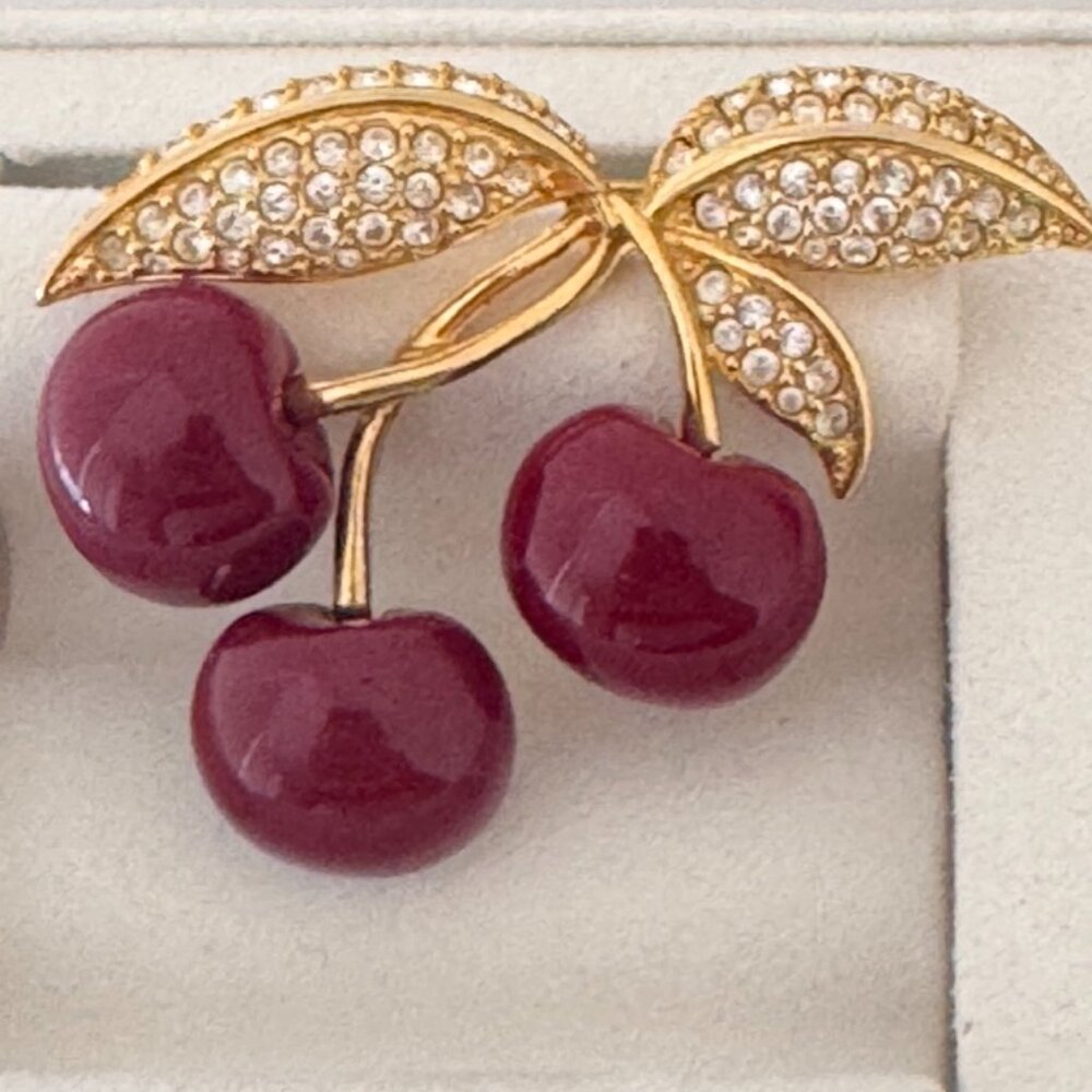 Vintage Joan Rivers Signed Red Lucite Crystals Cherry Cherries Brooch Pin GP 80s
